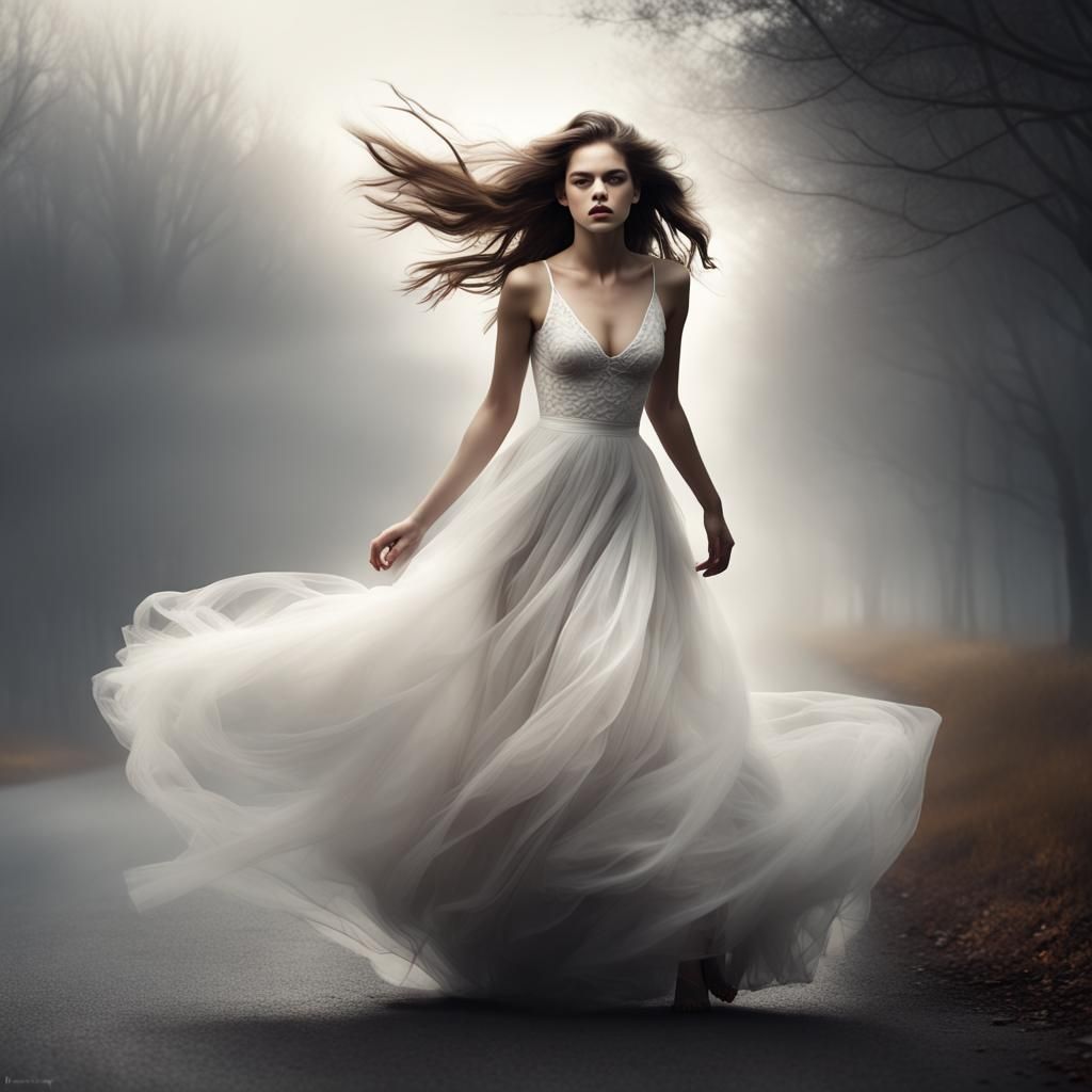 Woman Dancing in Foggy Park: Graphite Art