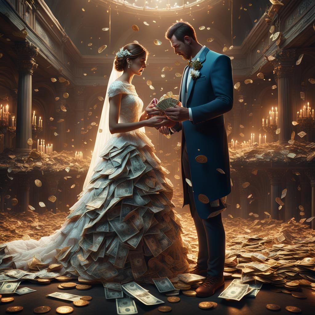 Bride and Groom Crying Holding Money, Detailed Matte Paintin...