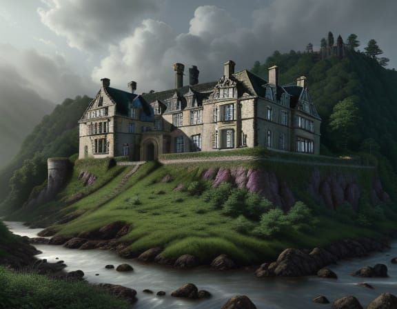 Hyperrealistic Manor Overlooking Abandoned Village