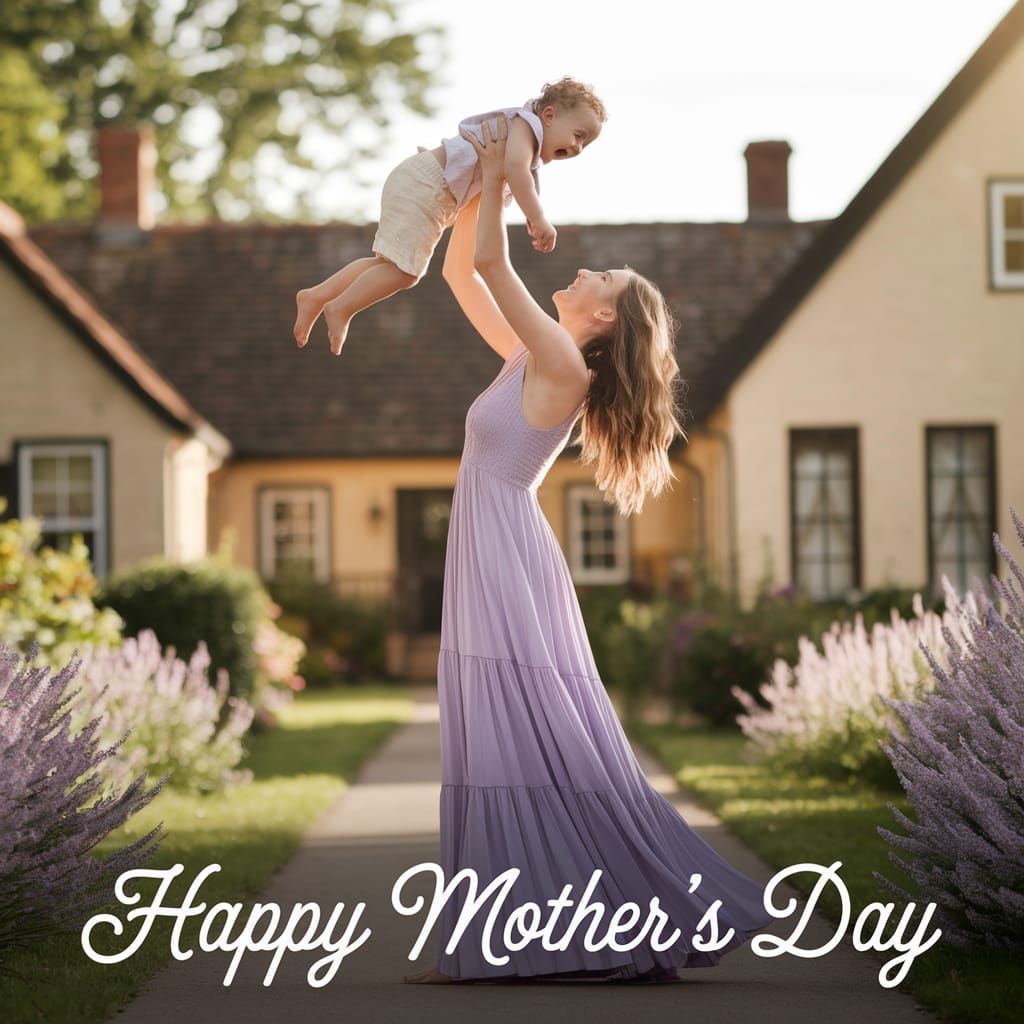 Joyful Mother and Son Celebrate Mother's Day in a Sunlit Cou...