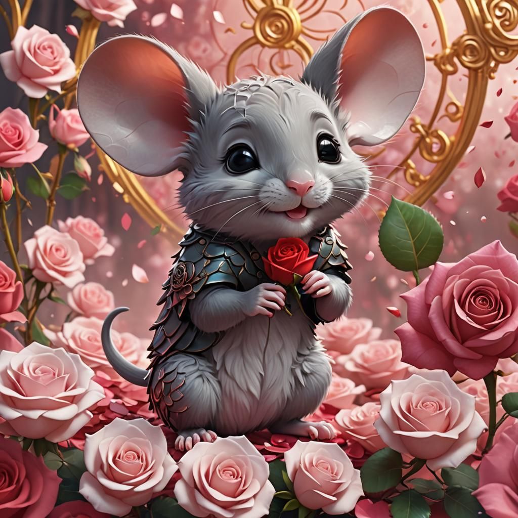 Chibi Mouse Smelling Rose in 3D Anime Style