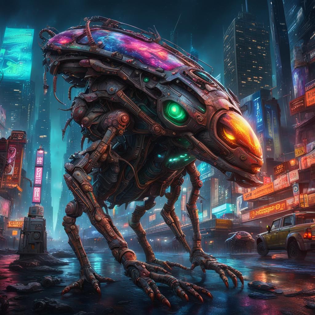Cyberpunk Alien Creature on New York Bridge