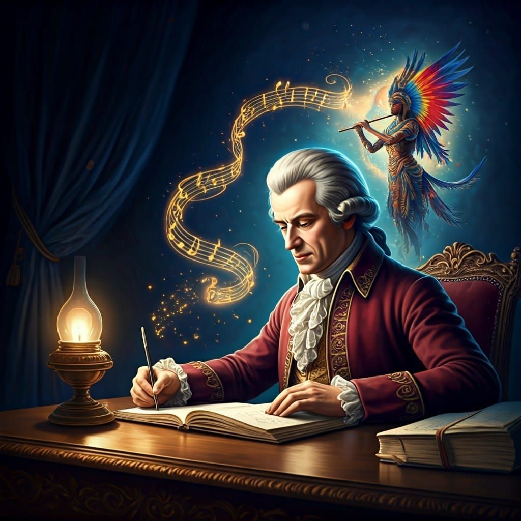 Mozart Composing The Magic Flute in Dreamlike Double Exposur...
