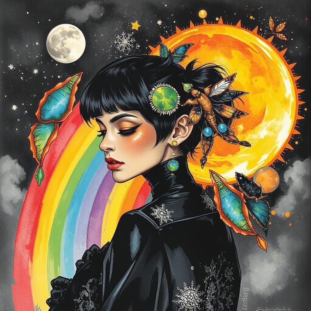 Gothic Fae-Realism Portrait in Vibrant Gouache Swirls