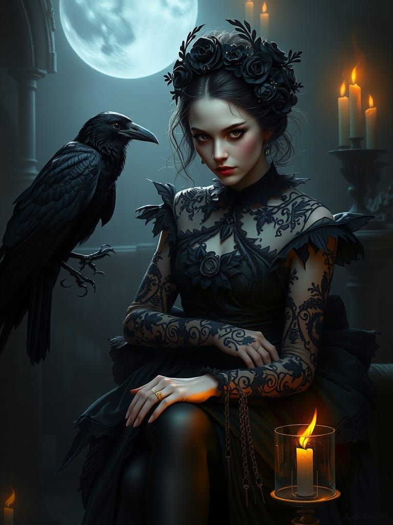 Ethereal Woman in Dark Victorian Elegance with Majestic Rave...
