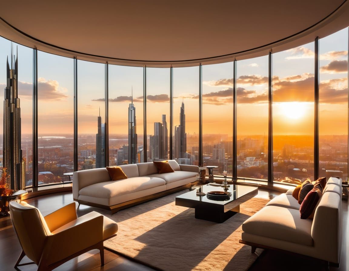 Cityscape at Sunset in Art Deco Style