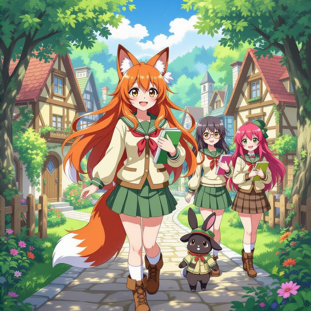 Anime Fox Girl and Friends Go to Woodland School