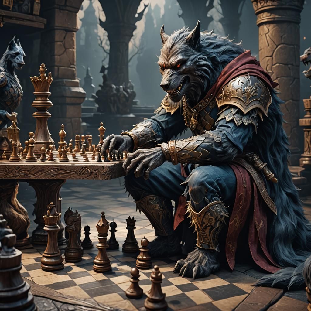 Werewolf Plays Chess in Detailed Fantasy Art