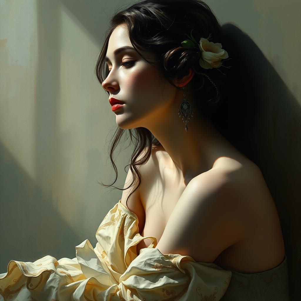 Ethereal Woman in Contemplative Solitude: Symbolist Portrait