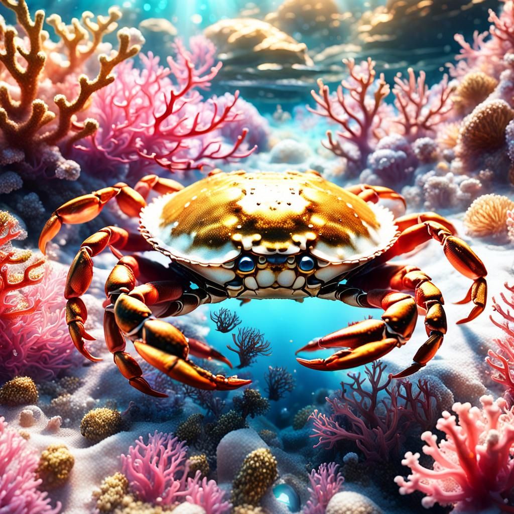 Glassy Pink and Gold Crab Undersea: Digital Matte Painting