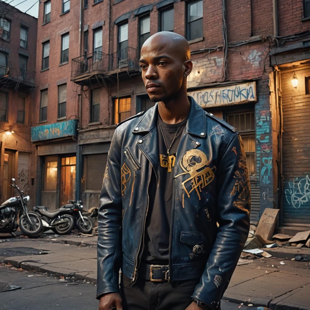 Bald Biker in Tenement District: Ash Thorp-Inspired Art