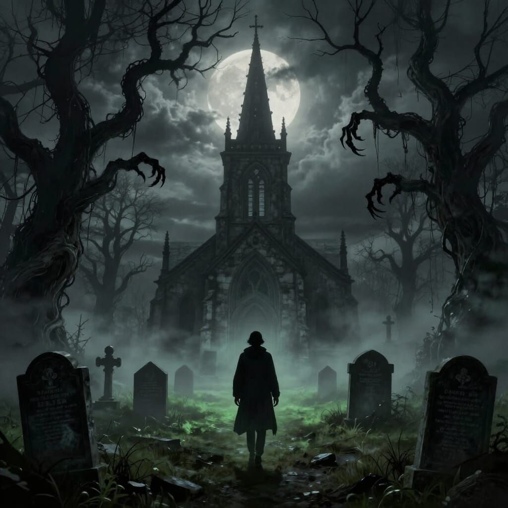 Foggy Graveyard with Abandoned Church in Stormy Moonlight