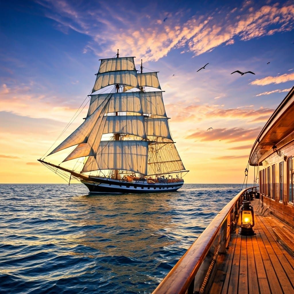 Sailships Crossing the Ocean at Sunset in Maritime Style