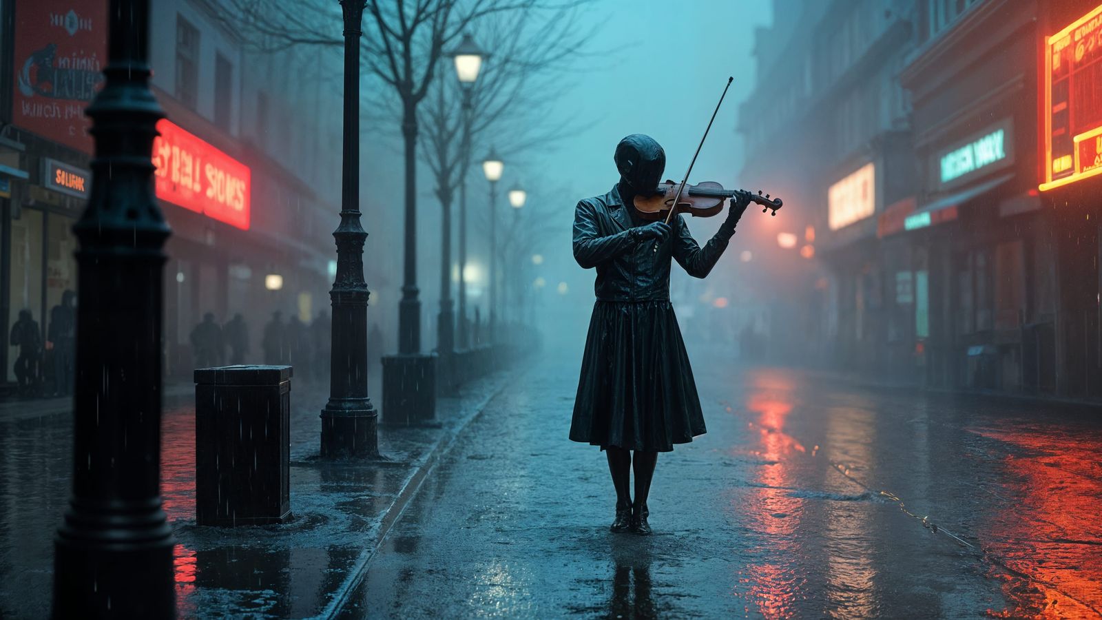 Android Violinist in Flooded City, Cyberpunk Aesthetic
