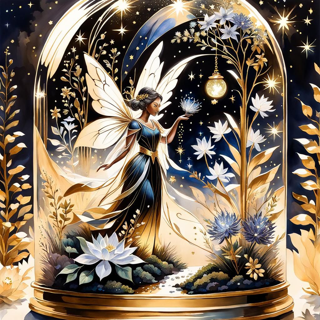 Fairy Tending Golden Terrarium: Watercolor Painting