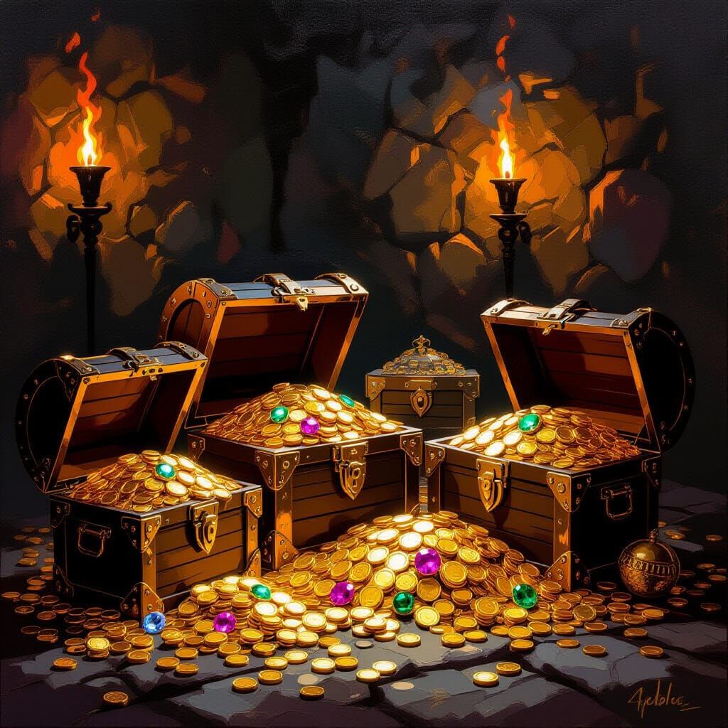 Ornate Treasure Chests Overflowing with Gold and Jewels in T...