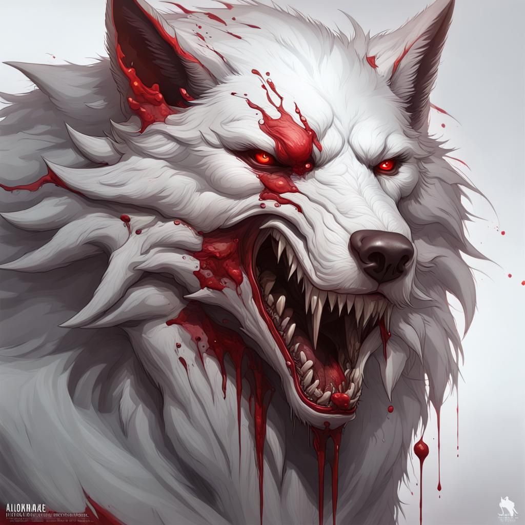 Bloody White Wolf Beast Portrait in Hyperrealism