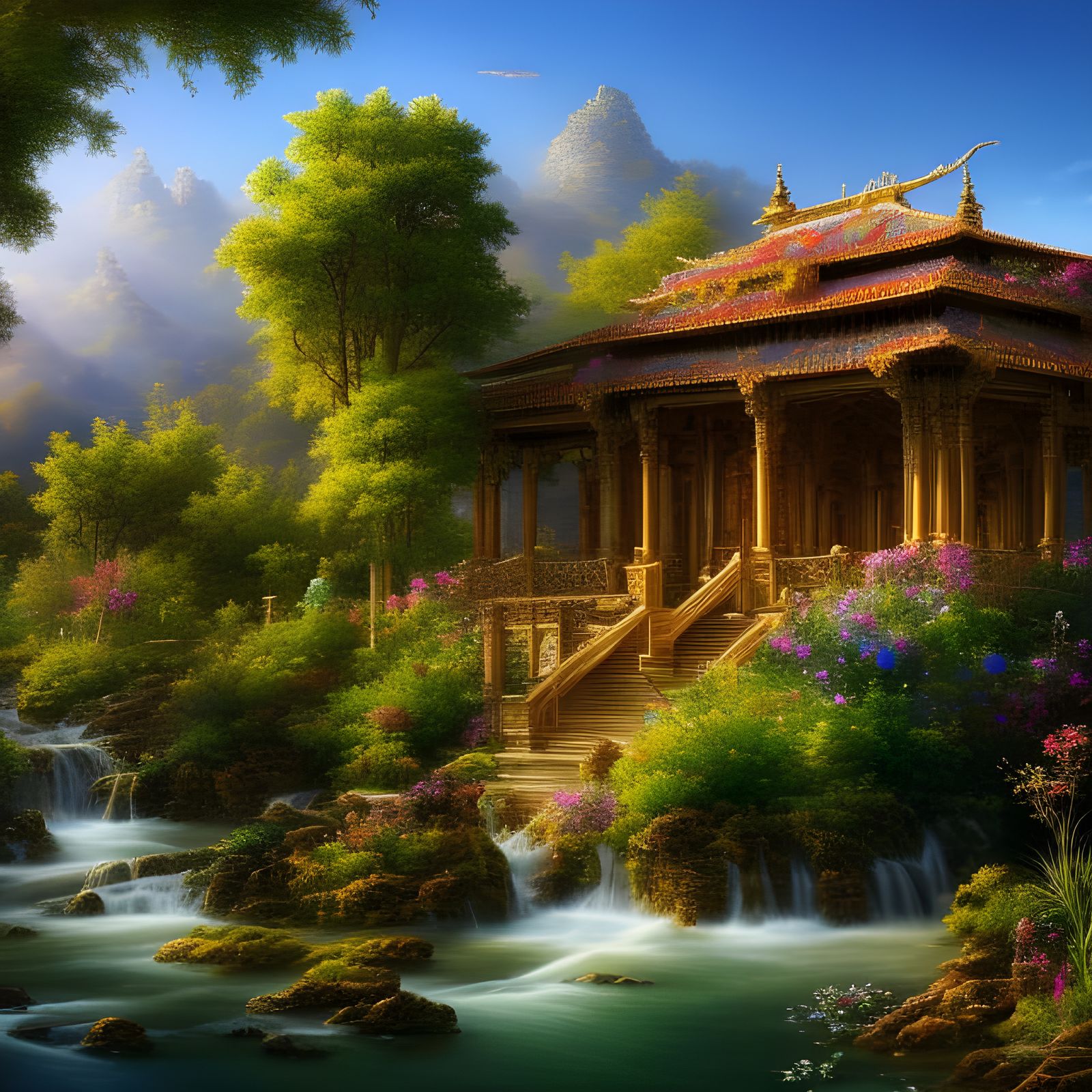 Gorgeous hyper-detailed “tropical Minoan palace, wildflowers, intricate delicate carvings" - masterpiece creation by Ama...