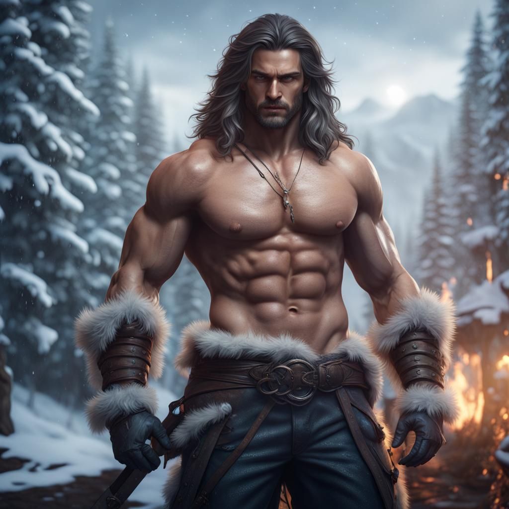 Handsome Muscular Man with Long Hair: Detailed Painting