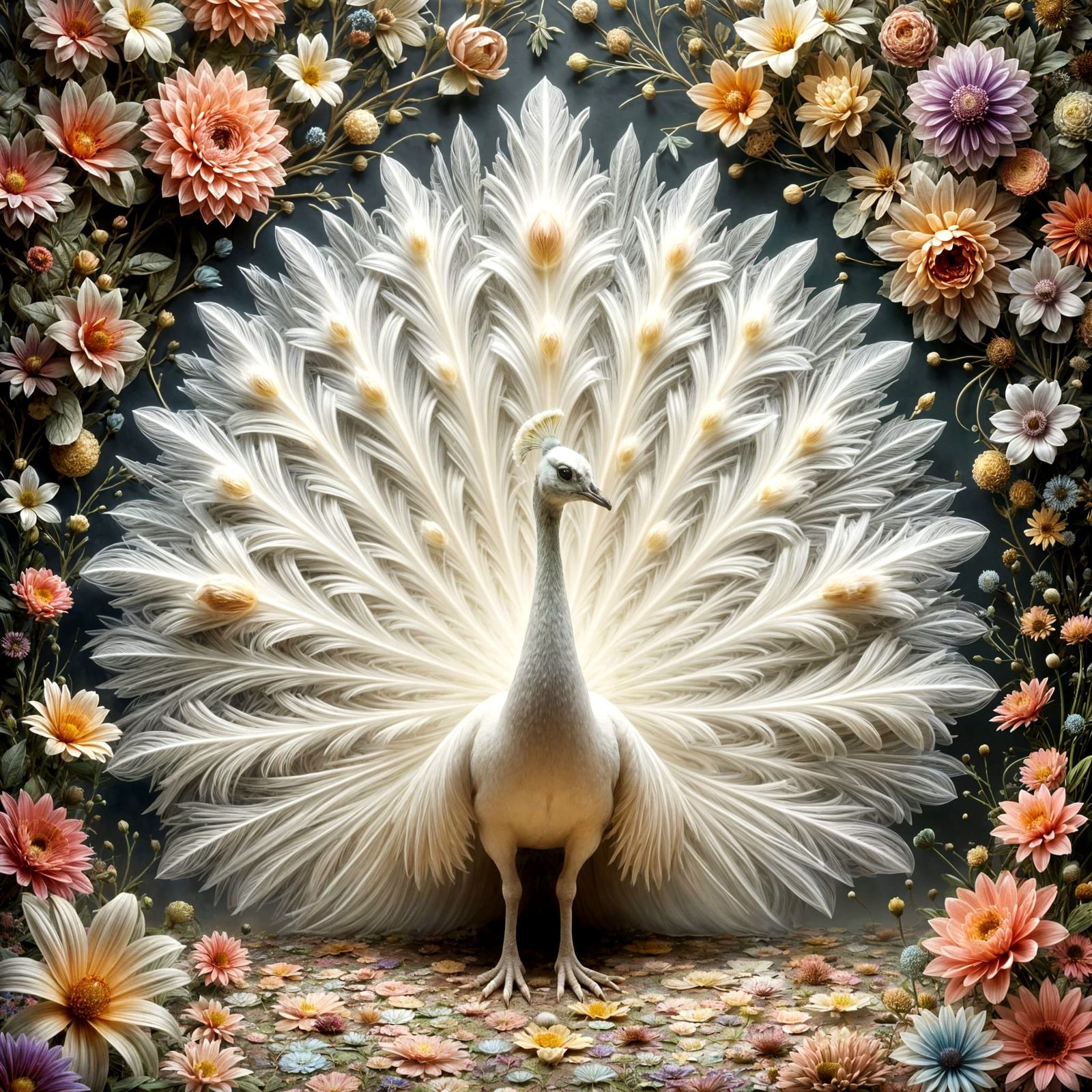Dreamy Enchanted White Peacock in Vibrant Floral Surrounds