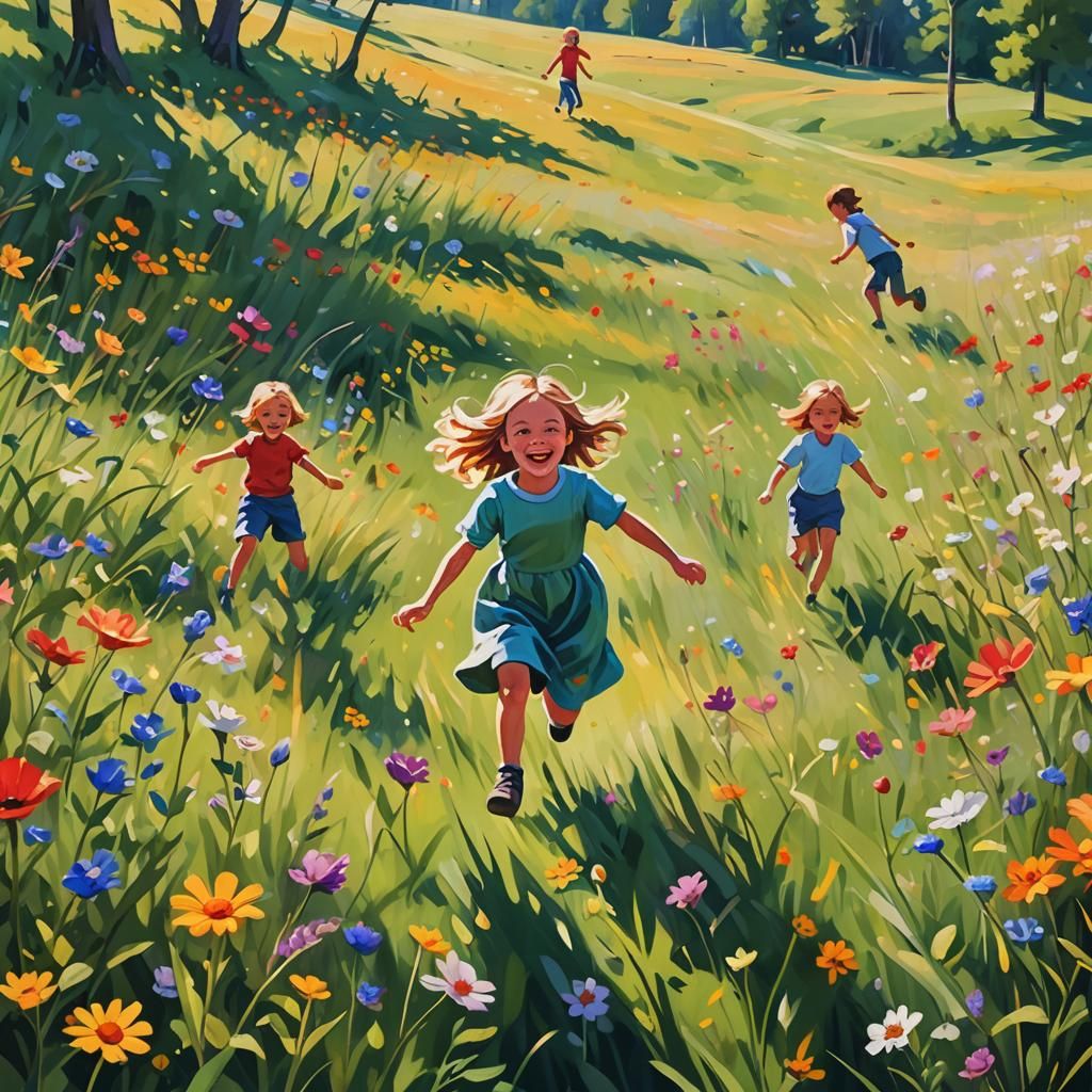 Children Play Tag in Sunny Meadow: Oil Painting