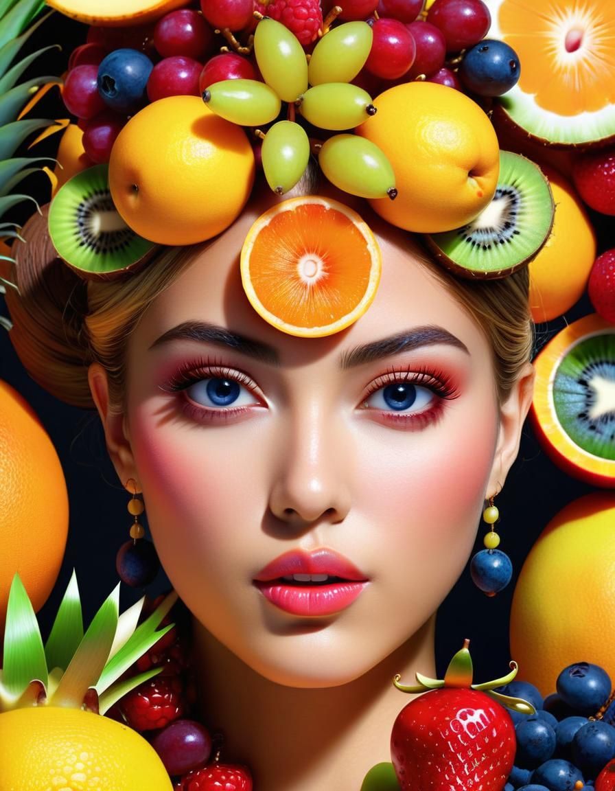 Fruit Goddess Portrait in Sinister Oil Painting Style
