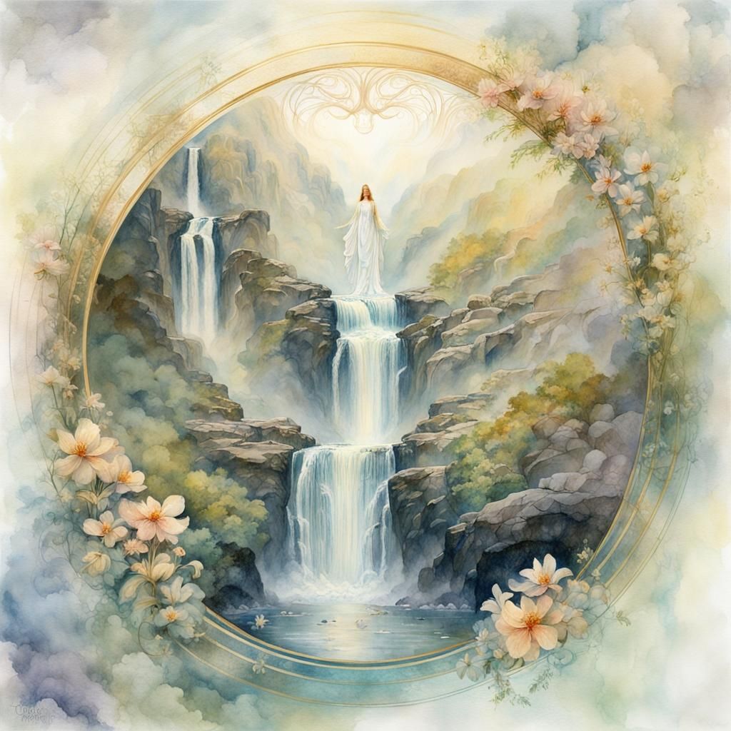 Angel of Smoke at Stony Waterfall, Art Nouveau Oil Painting