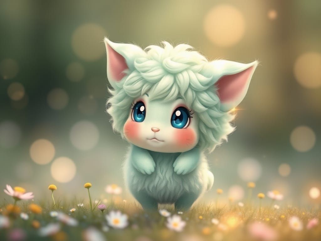 Pastel Green Creature in Dreamy Meadow, Fantasy Art