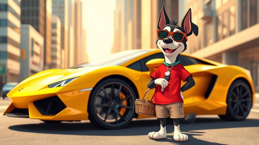 Confident Canine in Front of a Shiny Yellow Luxury Car