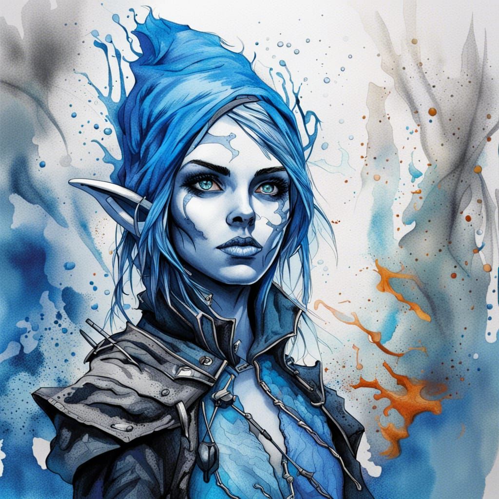 Blue Elf Rogue Portrait in Ink Drawing Style
