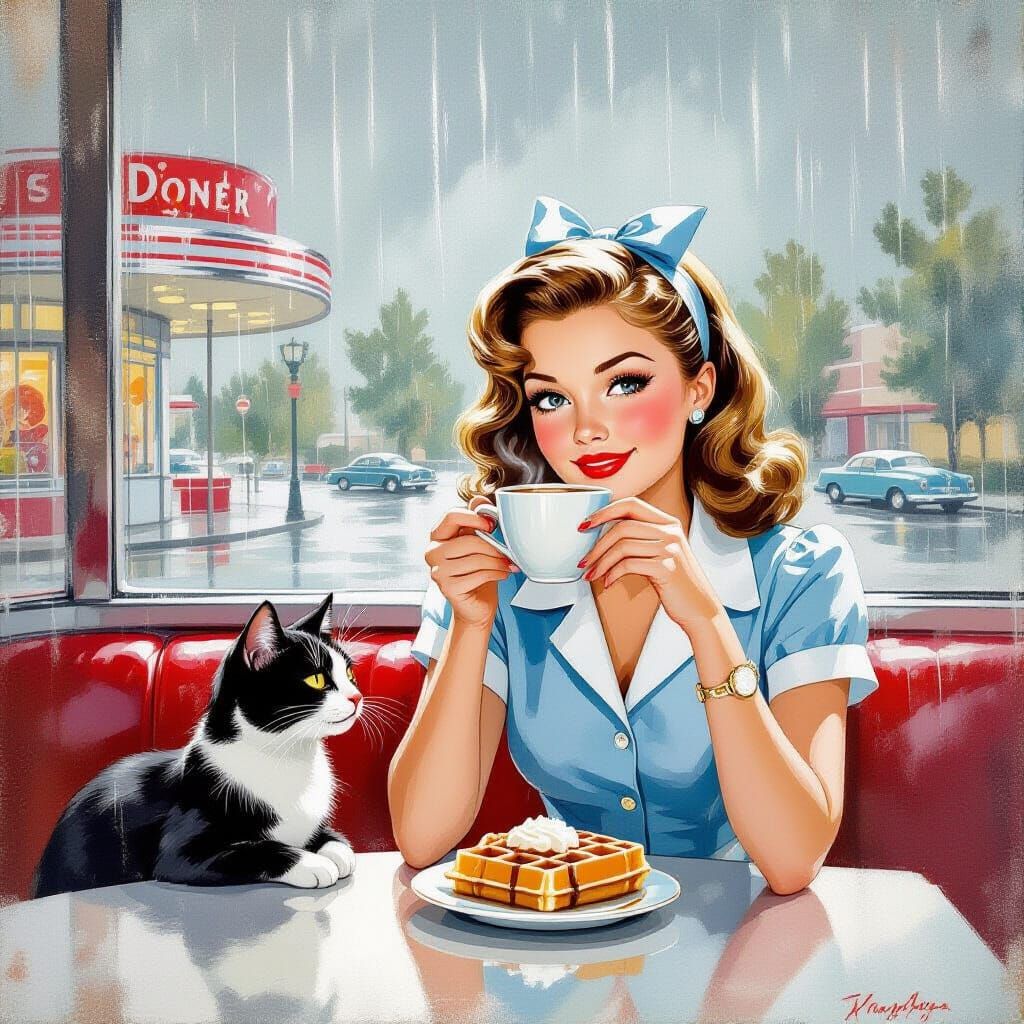 1960s Girl Enjoys Coffee with Cat in Rainy Diner