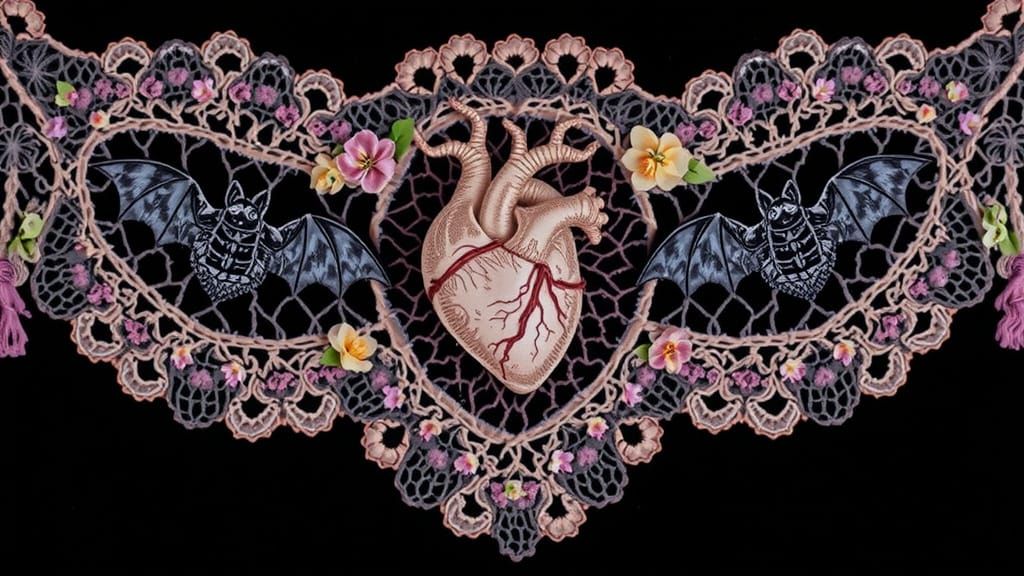 Fractal Lace Bats and Heart in Pastel Occult Style