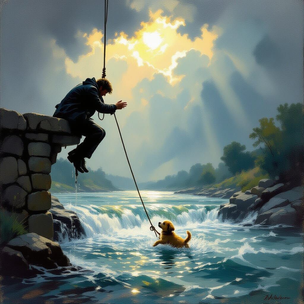 Man Rescues Puppy From Raging River in Dramatic Oil Painting