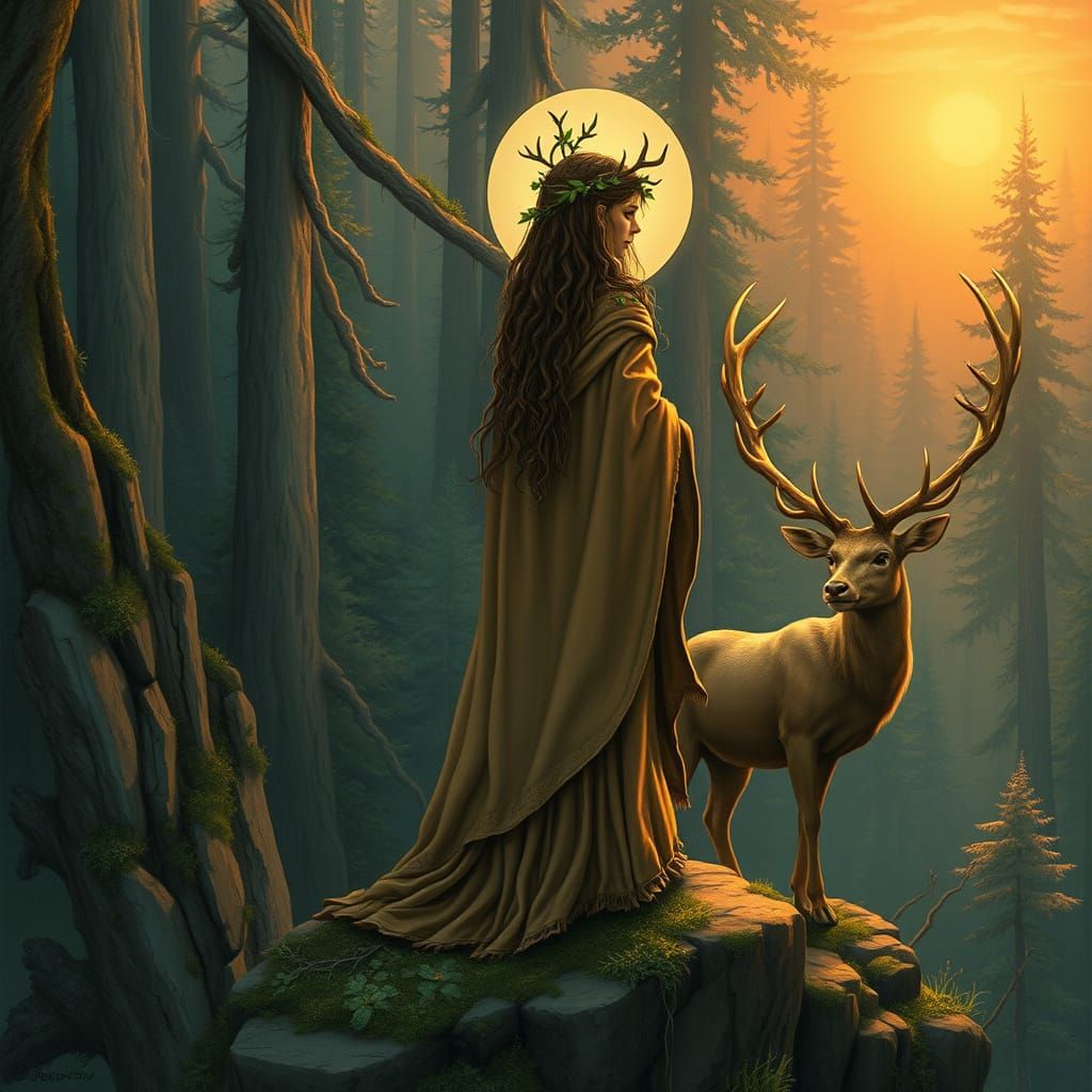 Mystical Forest Spirit Encounters a Majestic Stag in Sunset