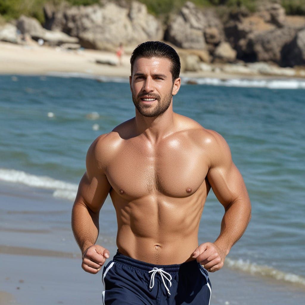 Handsome Man Runs Along Serene Beach