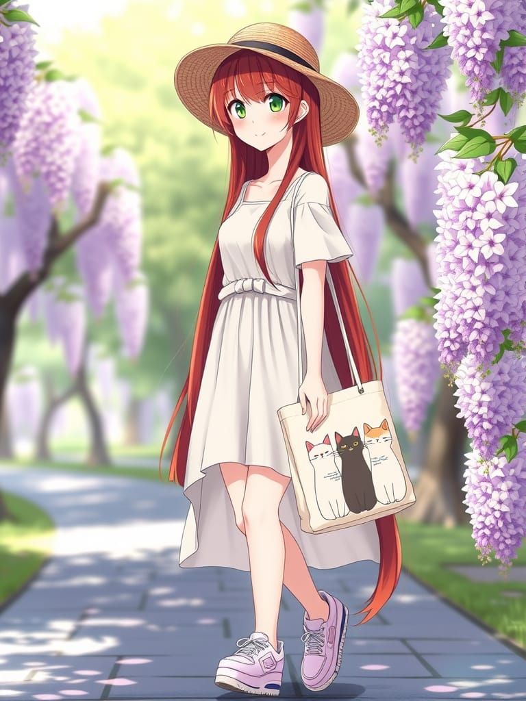 A Delicate Japanese Beauty Walks in a Wisteria Blossom-Fille...