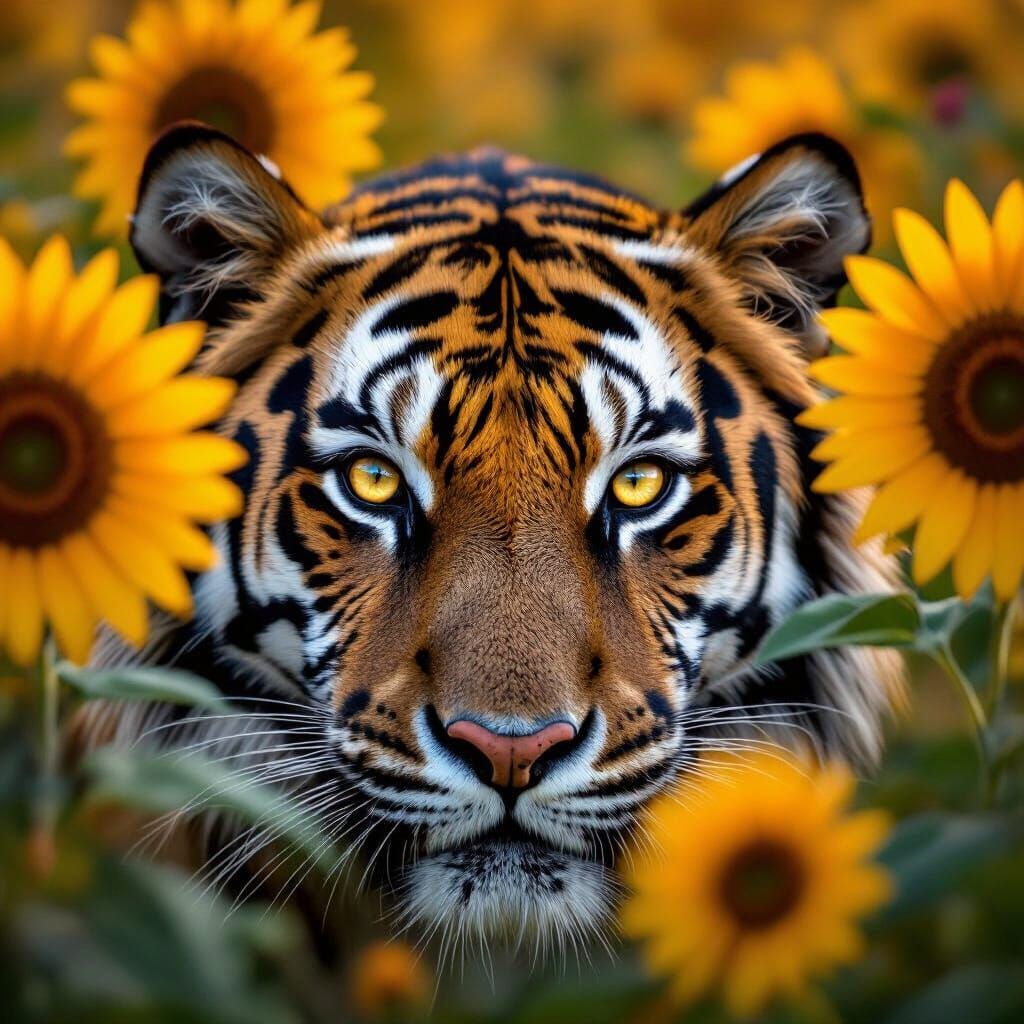 Tiger Eyes Peering Through Sunflowers and Wildflowers