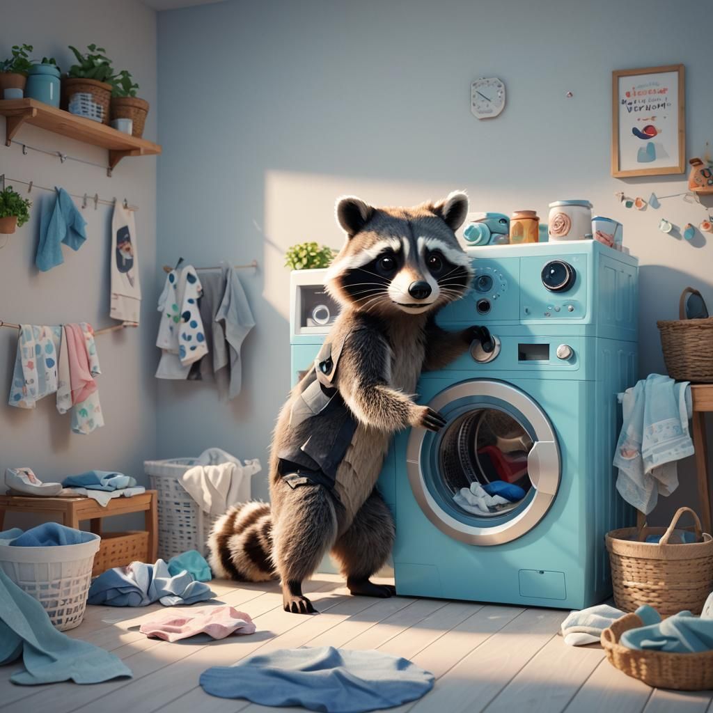 Adorable Raccoon Laundry Day in Low Poly Art