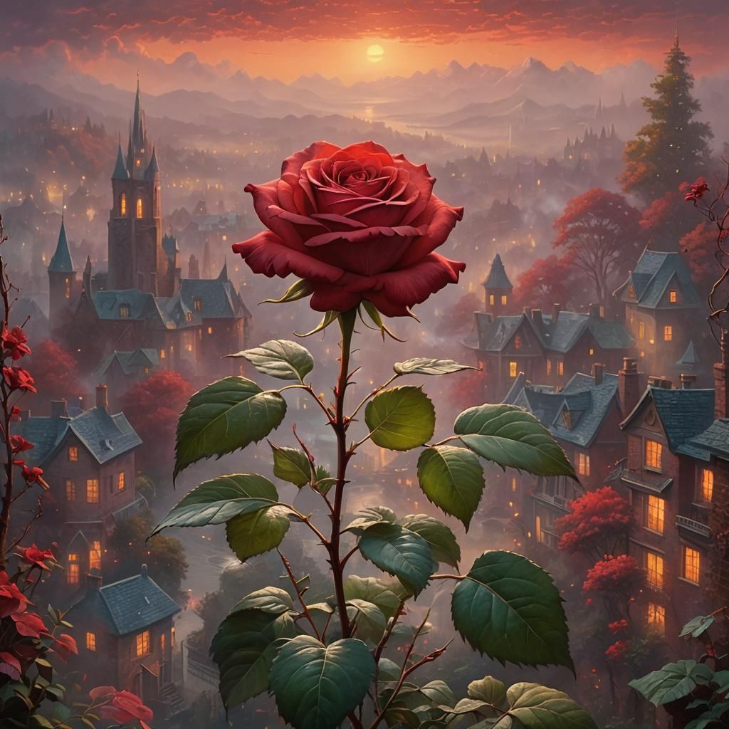 A red sunset, glowing red, beautif large single rose (close ...