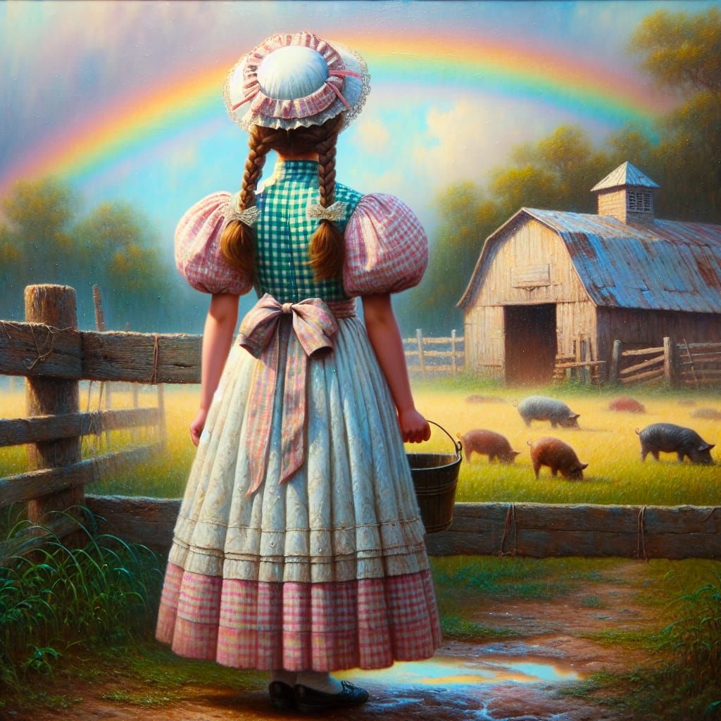 Impressionistic Painting of Girl Gazing at Rainbow
