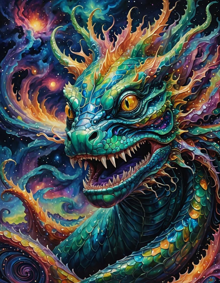 Surreal Leviathan Emerge from Vibrant Nebula in Oil Painting...
