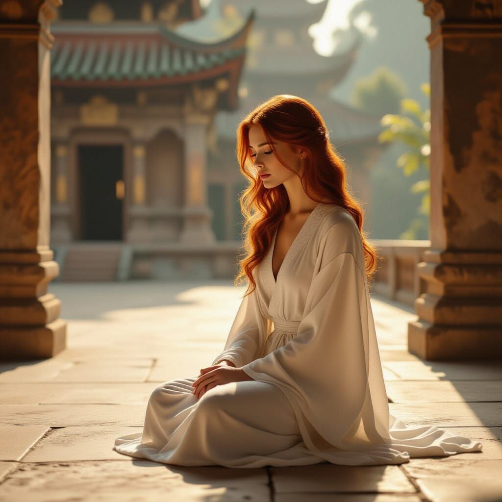 Serene Woman Contemplating in Ancient Temple