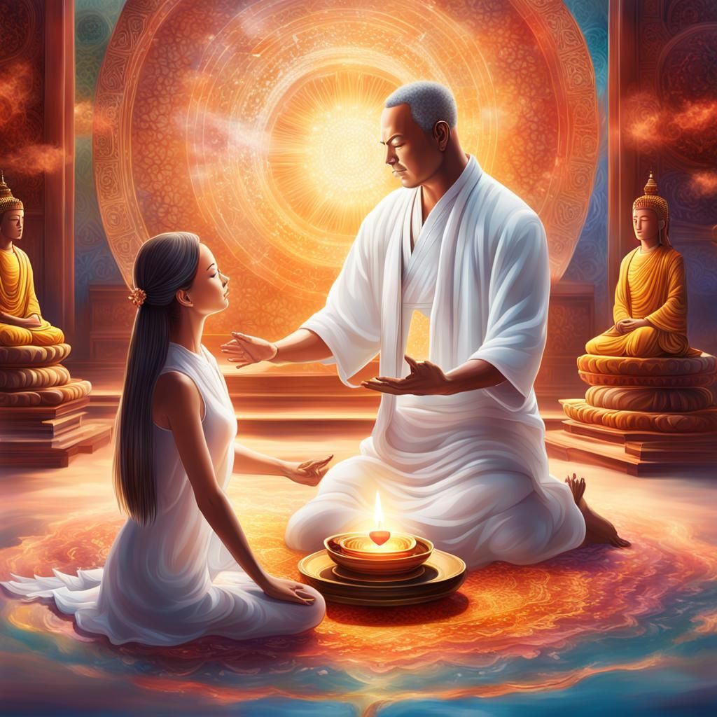 Reiki Master Healing a Woman: Hyperrealistic Concept Art