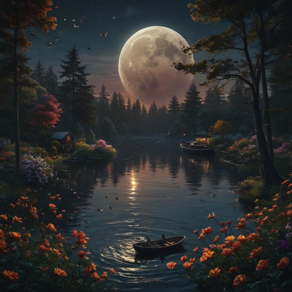 Moon with Birds in Hyperrealistic Digital Art