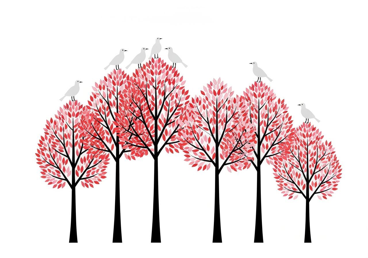 Naive Folk Art Trees with Red, Pink, White Leaves and White ...