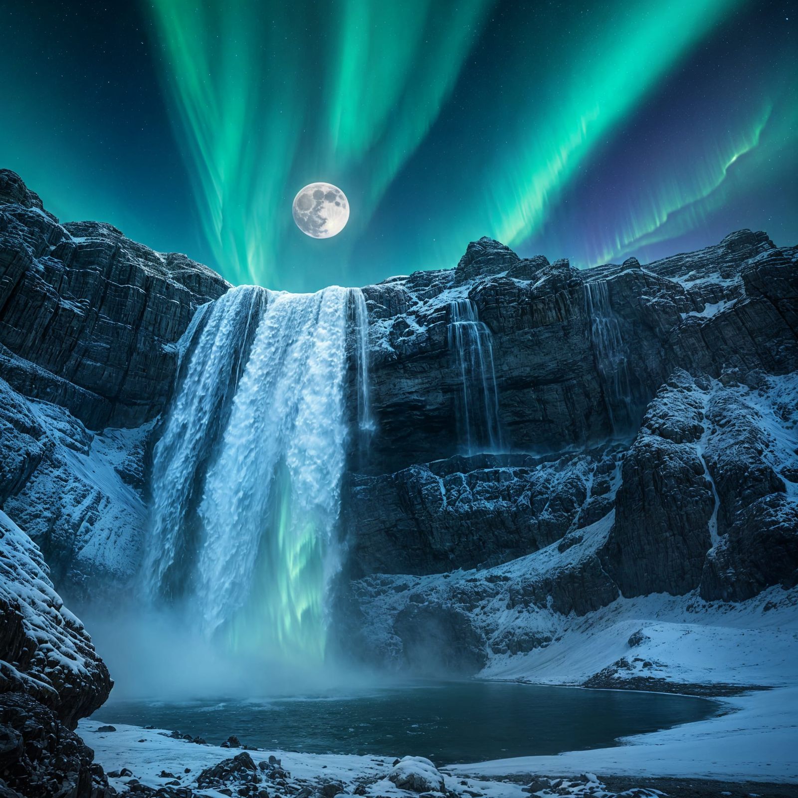 Icelandic Hot Spring Waterfall Under Aurora Borealis