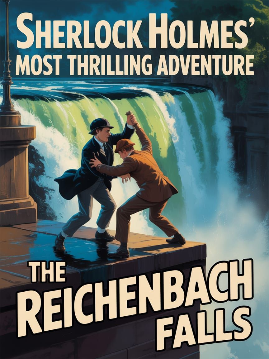 Sherlock Holmes Reichenbach Falls Vintage Oil Painting