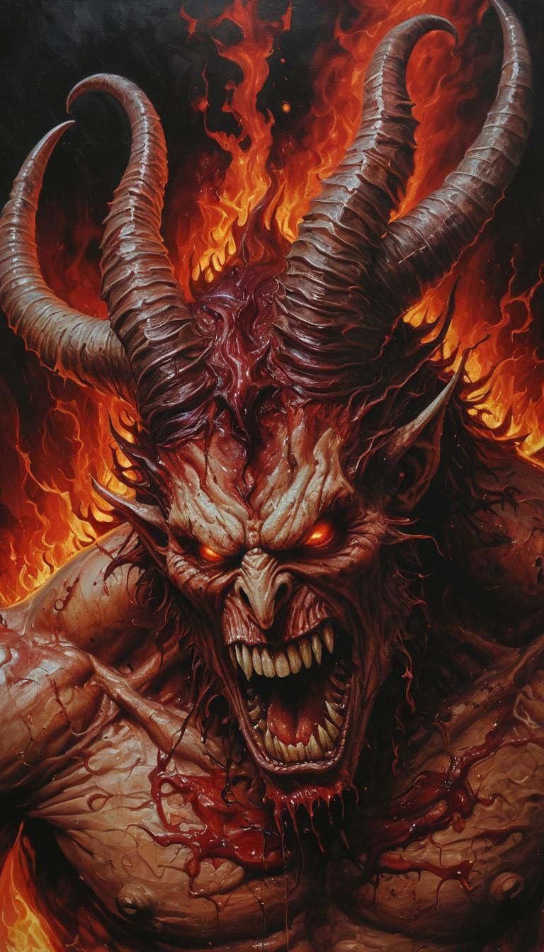 Fire splashing on to Demonic fury+devil's most evil guide."Oil on canvas,mixed media/Horror 3DEXCITE thermal imaging cri...