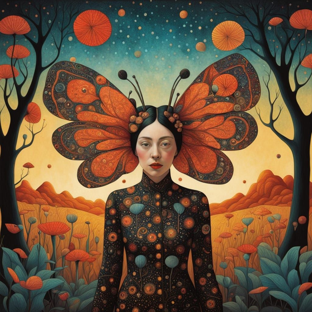 Dreamlike Amaryllis Goddess in Vibrant Dots Landscape