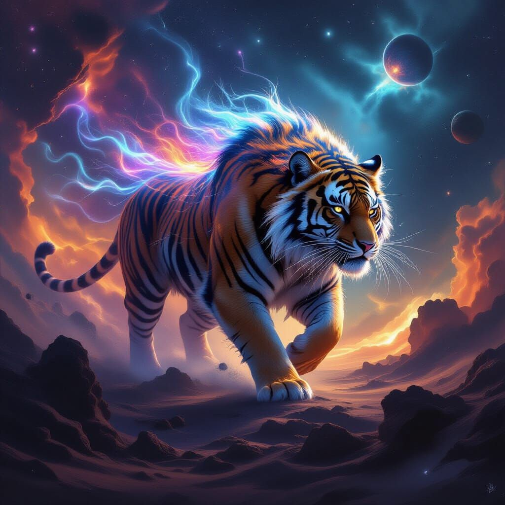 Spectral Tiger Roaming Cosmic Nebula in Dark Fantasy Style